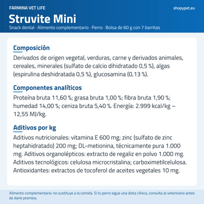 Lámina de fondo claro con la composición completa que Farmina publica para Vet Life Struvite
