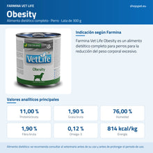 Lámina azul de ShopyPet con la lata alta Vet Life Obesity, su indicación y los valores por kilo