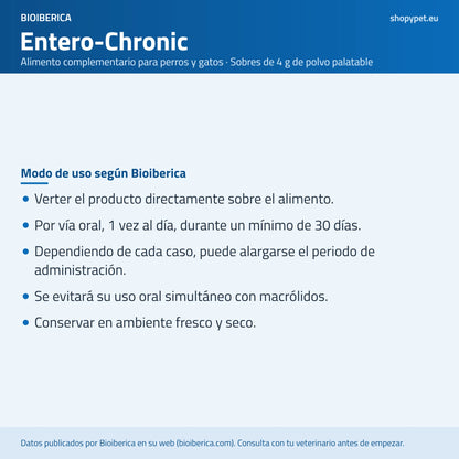 Lámina con el modo de uso de Entero-Chronic: sobre la comida, una vez al día, mínimo 30 días
