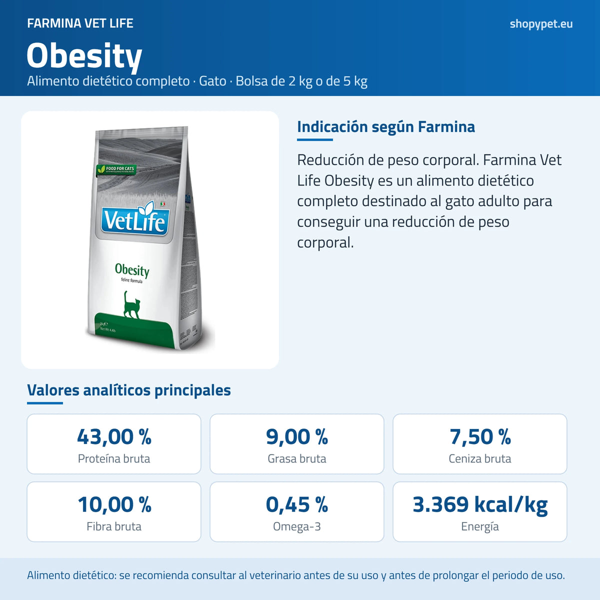 Lámina azul de ShopyPet con el envase felino de Vet Life Obesity, su indicación y sus analíticos