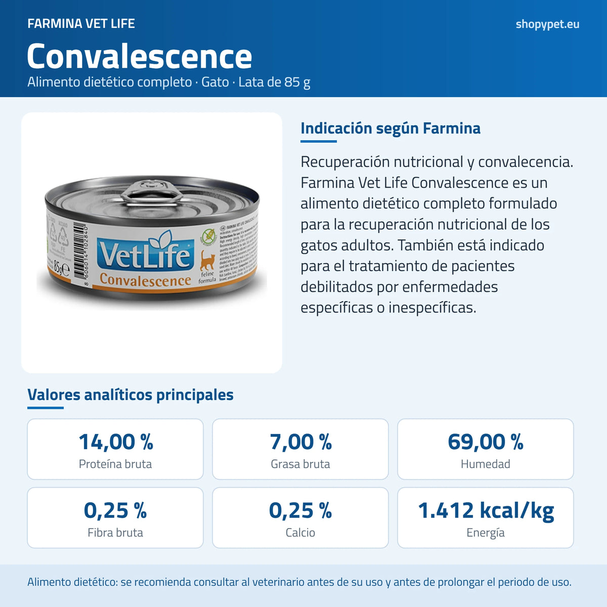 Lámina azul de ShopyPet con la lata baja Vet Life Convalescence, su indicación y sus analíticos