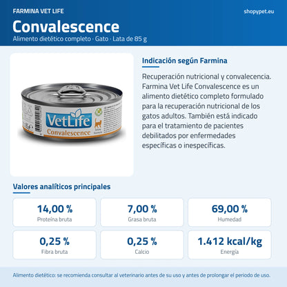 Lámina azul de ShopyPet con la lata baja Vet Life Convalescence, su indicación y sus analíticos