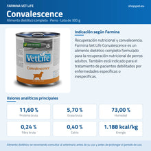 Lámina azul de ShopyPet con la lata alta Vet Life Convalescence, su indicación y sus analíticos