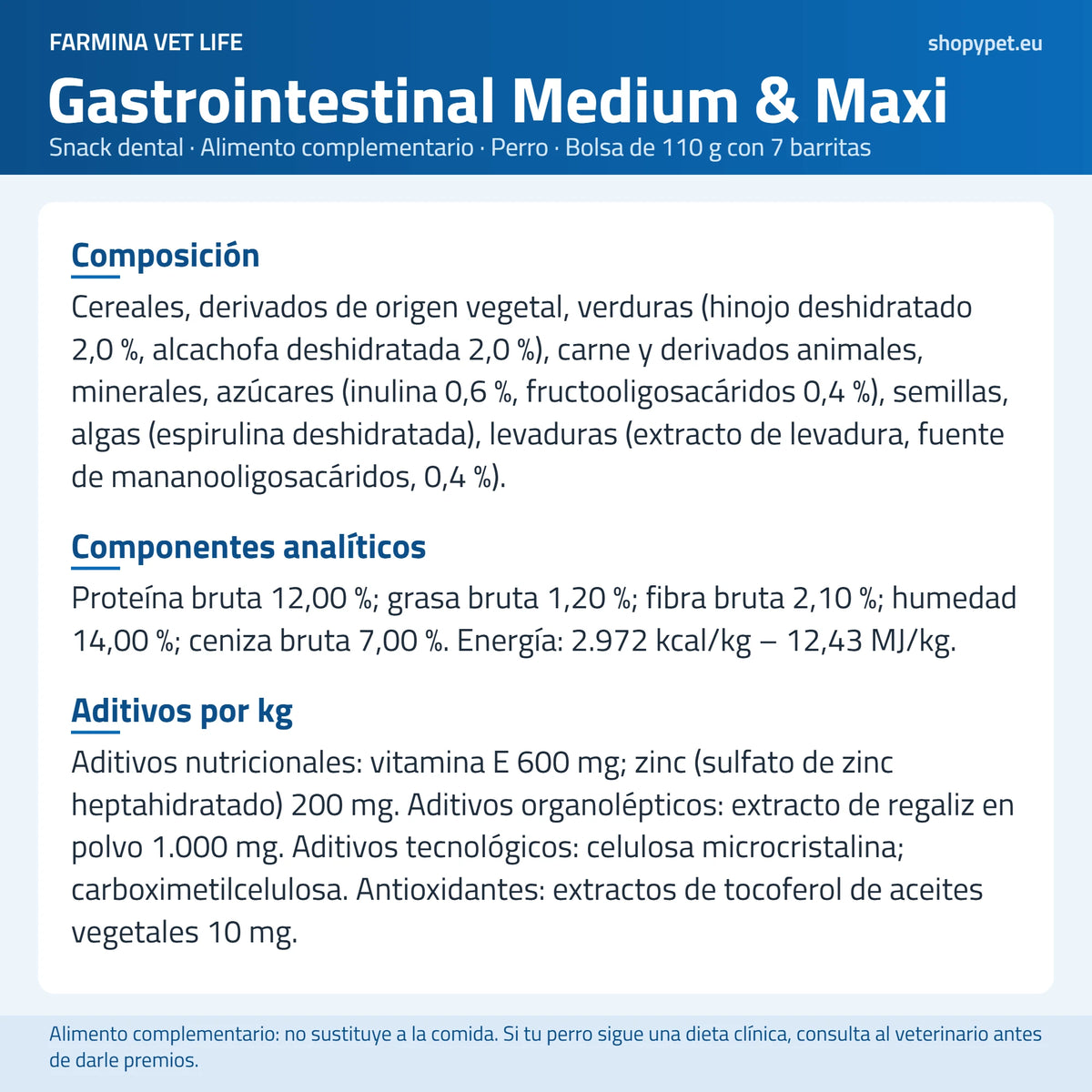 Lámina con la composición completa del snack dental Vet Life, ingrediente a ingrediente, sobre fondo claro