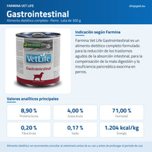 Lámina azul de ShopyPet con la lata alta Vet Life Gastrointestinal, su indicación y sus analíticos