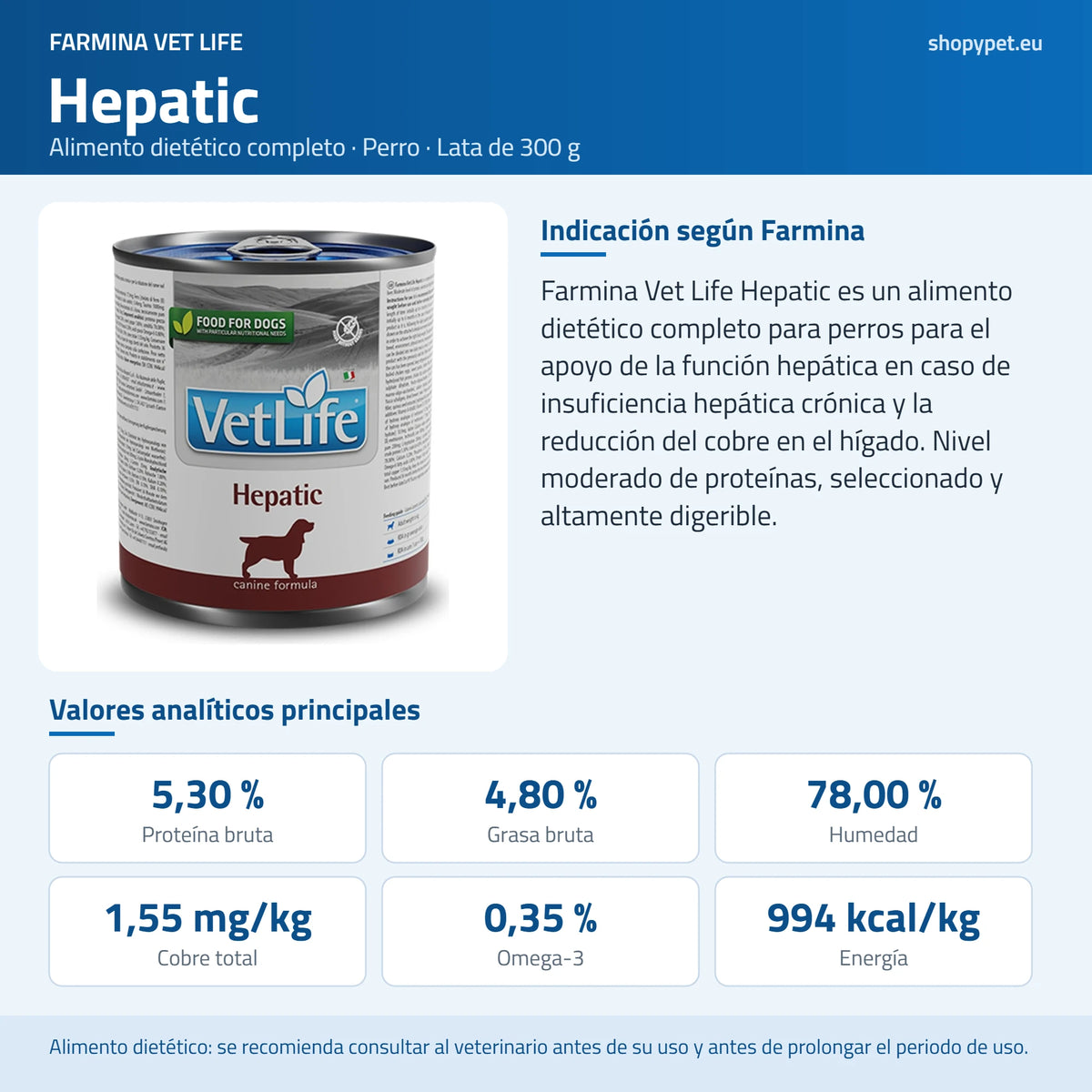 Lámina azul de ShopyPet con la lata Vet Life Hepatic, su indicación y los analíticos principales