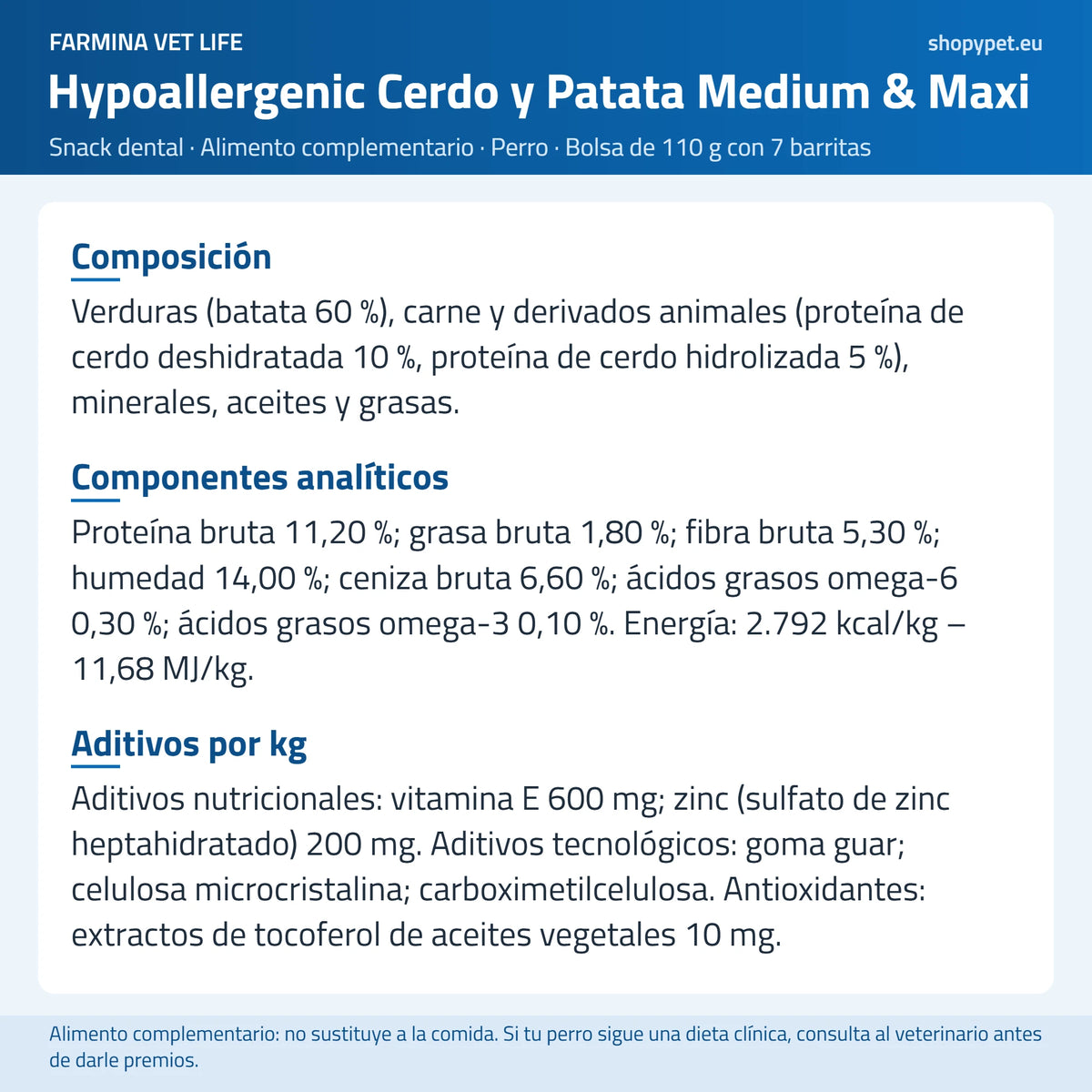 Lámina de ShopyPet con la composición del snack dental de cerdo, ingrediente a ingrediente