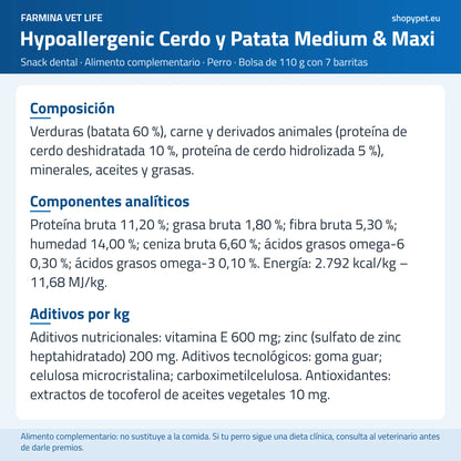 Lámina de ShopyPet con la composición del snack dental de cerdo, ingrediente a ingrediente