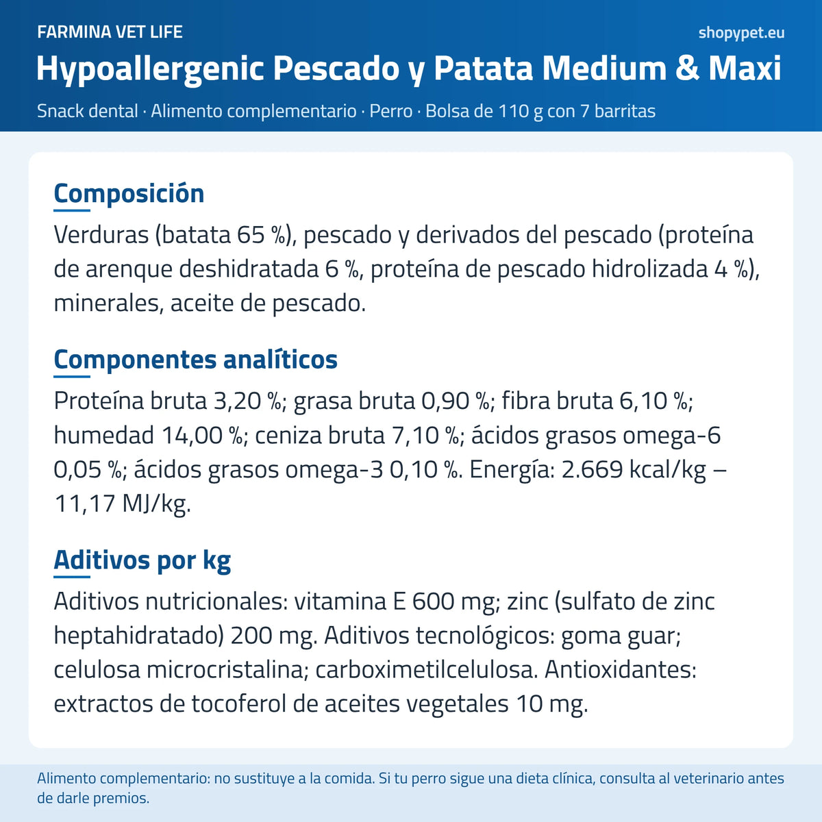 Lámina de ShopyPet con la composición del snack dental de pescado, ingrediente por ingrediente