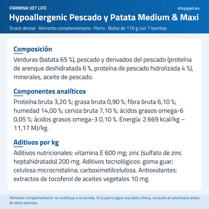 Lámina de ShopyPet con la composición del snack dental de pescado, ingrediente por ingrediente