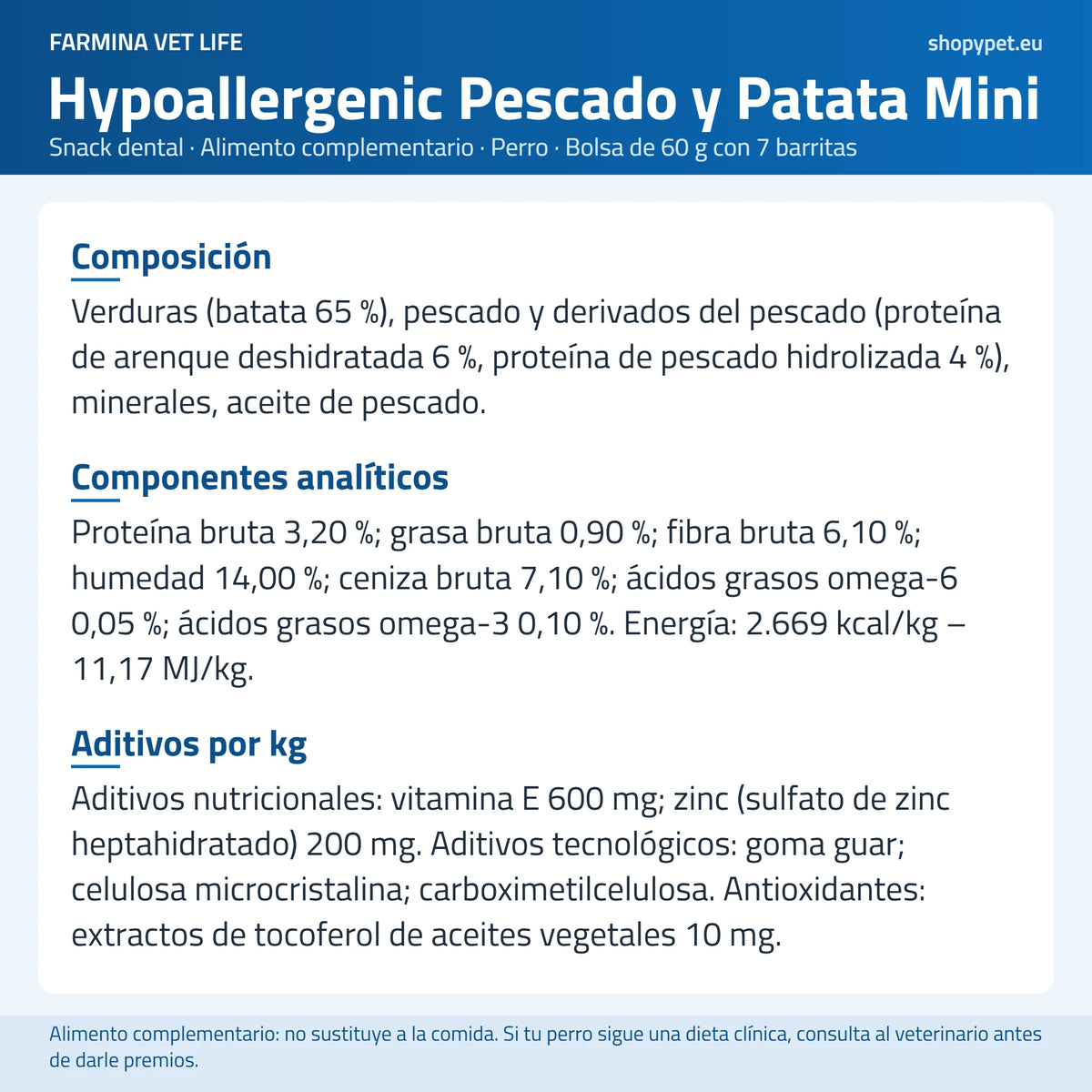 Composición completa del snack dental Mini de pescado en una lámina de ShopyPet de fondo claro