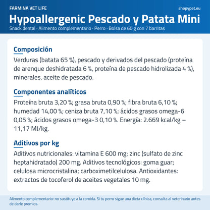 Composición completa del snack dental Mini de pescado en una lámina de ShopyPet de fondo claro