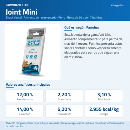 Lámina azul con el envase Vet Life Joint, la indicación de Farmina y sus analíticos por kilo