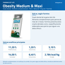 Lámina del snack dental obesidad maxi con fondo azul, el envase, la indicación y los analíticos