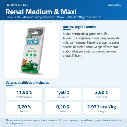 Lámina azul con el envase del snack dental renal maxi, la indicación de Farmina y sus valores