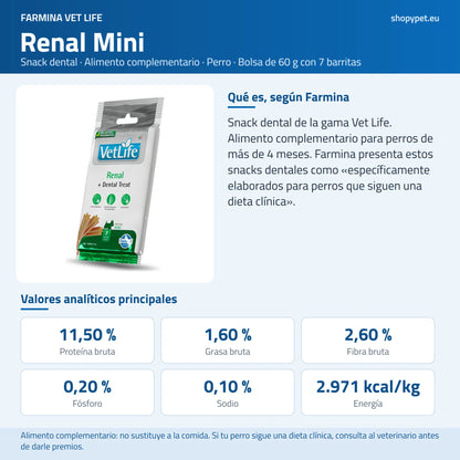 Lámina azul de ShopyPet con la bolsa Vet Life Renal, la indicación de Farmina y sus analíticos principales