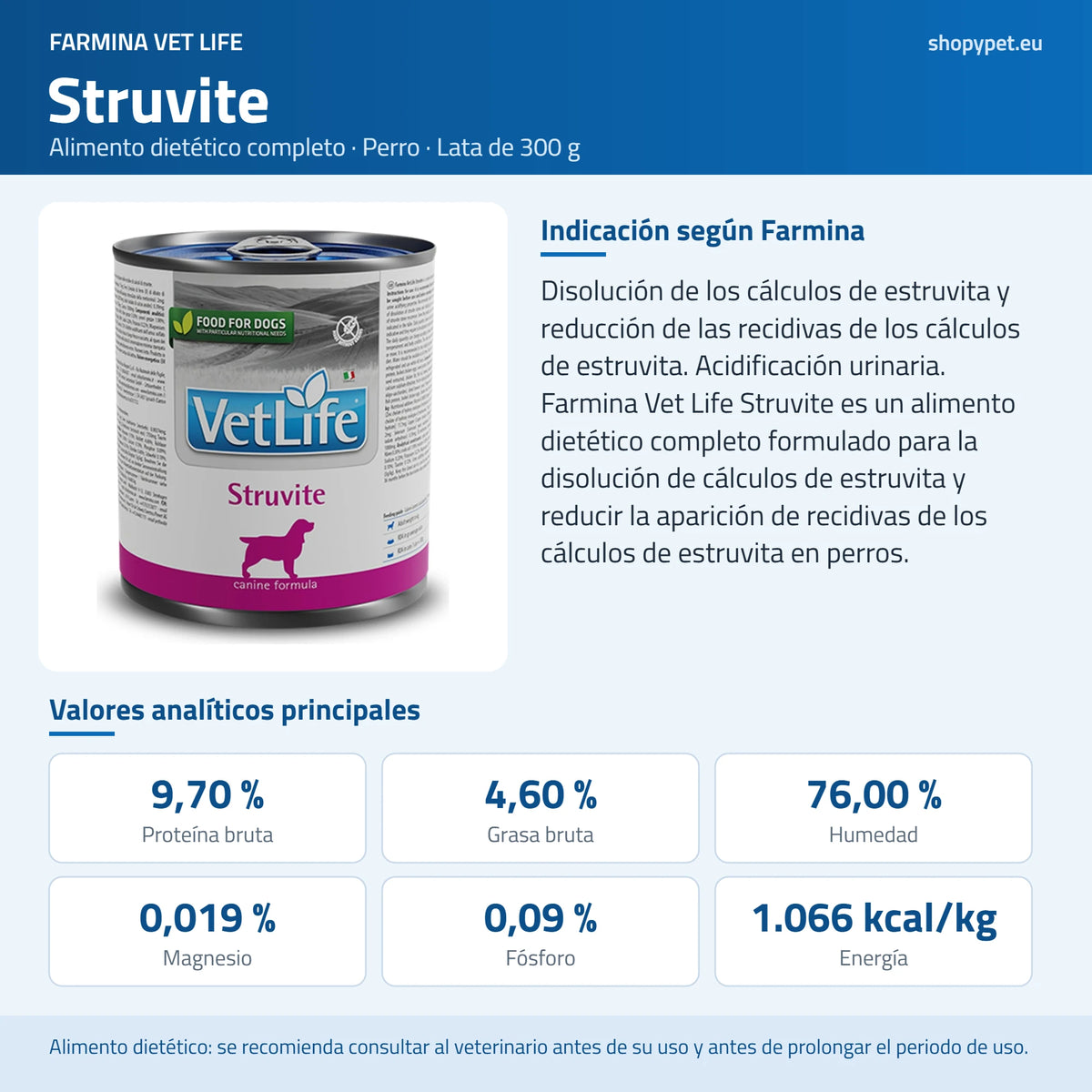 Lámina azul de ShopyPet que reúne el envase, la indicación del fabricante y los analíticos por kilo