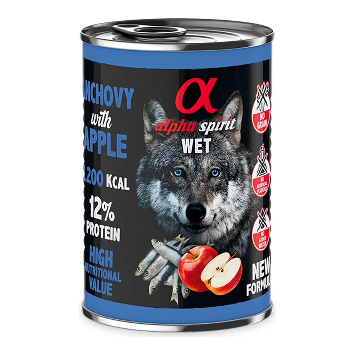 Lata Alpha Spirit boquerón con manzana roja para perros, pack de 6 latas de 400 g, EAN 8437013576314