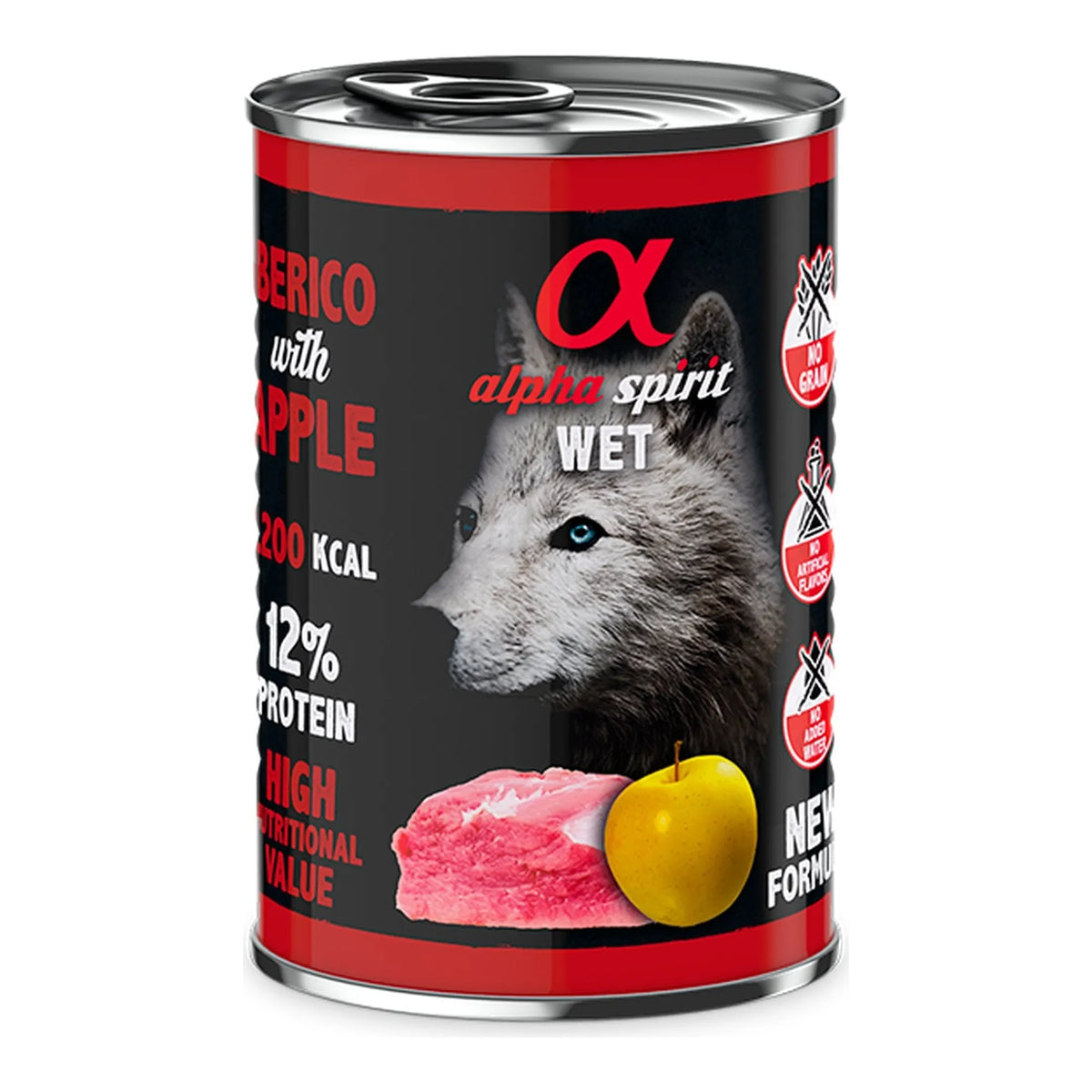 Lata Alpha Spirit cerdo con manzana amarilla para perros, pack de 6 latas de 400 g, EAN 8437013576185