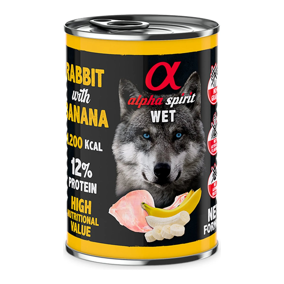Lata Alpha Spirit conejo con plátano para perros, pack de 6 latas de 400 g, EAN 8437015969978