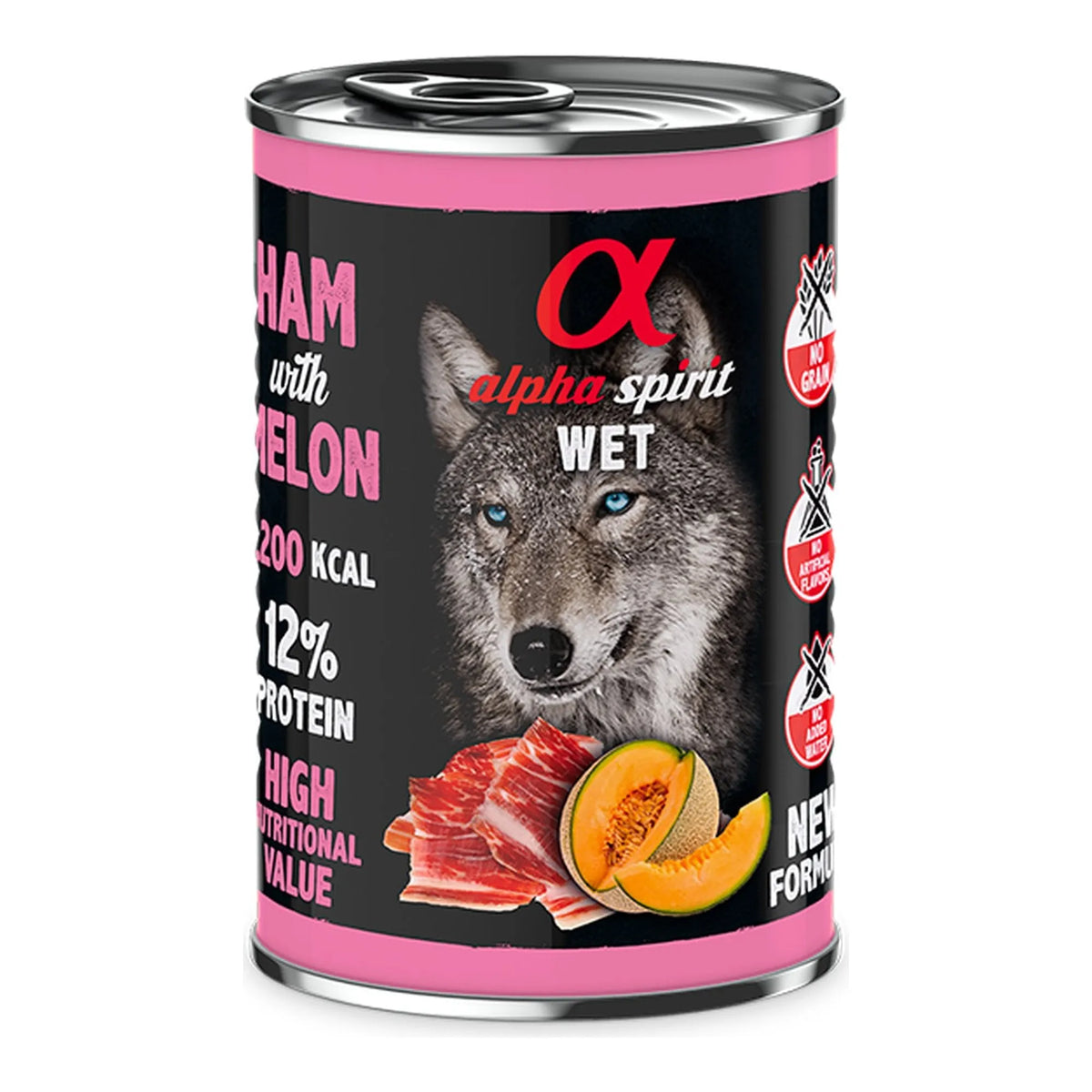 Lata Alpha Spirit jamón con melón para perros, pack de 6 latas de 400 g, EAN 8437013576321