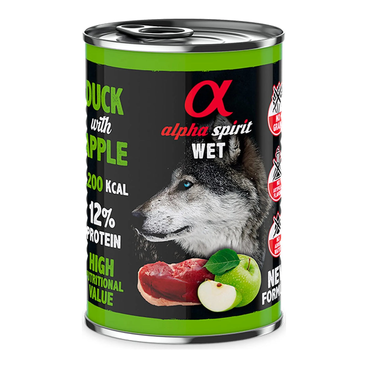 Lata Alpha Spirit pato con manzana verde para perros, pack de 6 latas de 400 g, EAN 8437015969985