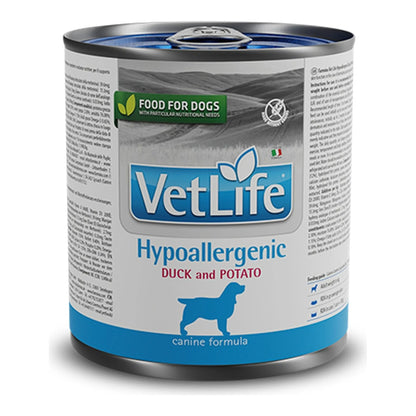 Comida húmeda Farmina Vet Life Hypoallergenic Pato y Patata para perros, caja de 6 latas de 300 g, EAN 8606014103946