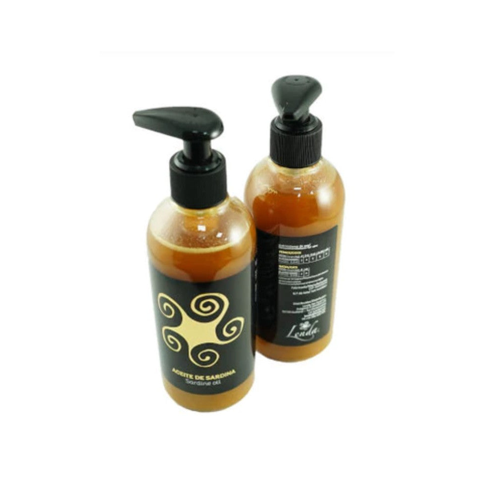Botellas de aceite de sardina Lenda de 250 ml, etiqueta frontal y trasera, EAN 8435578260235