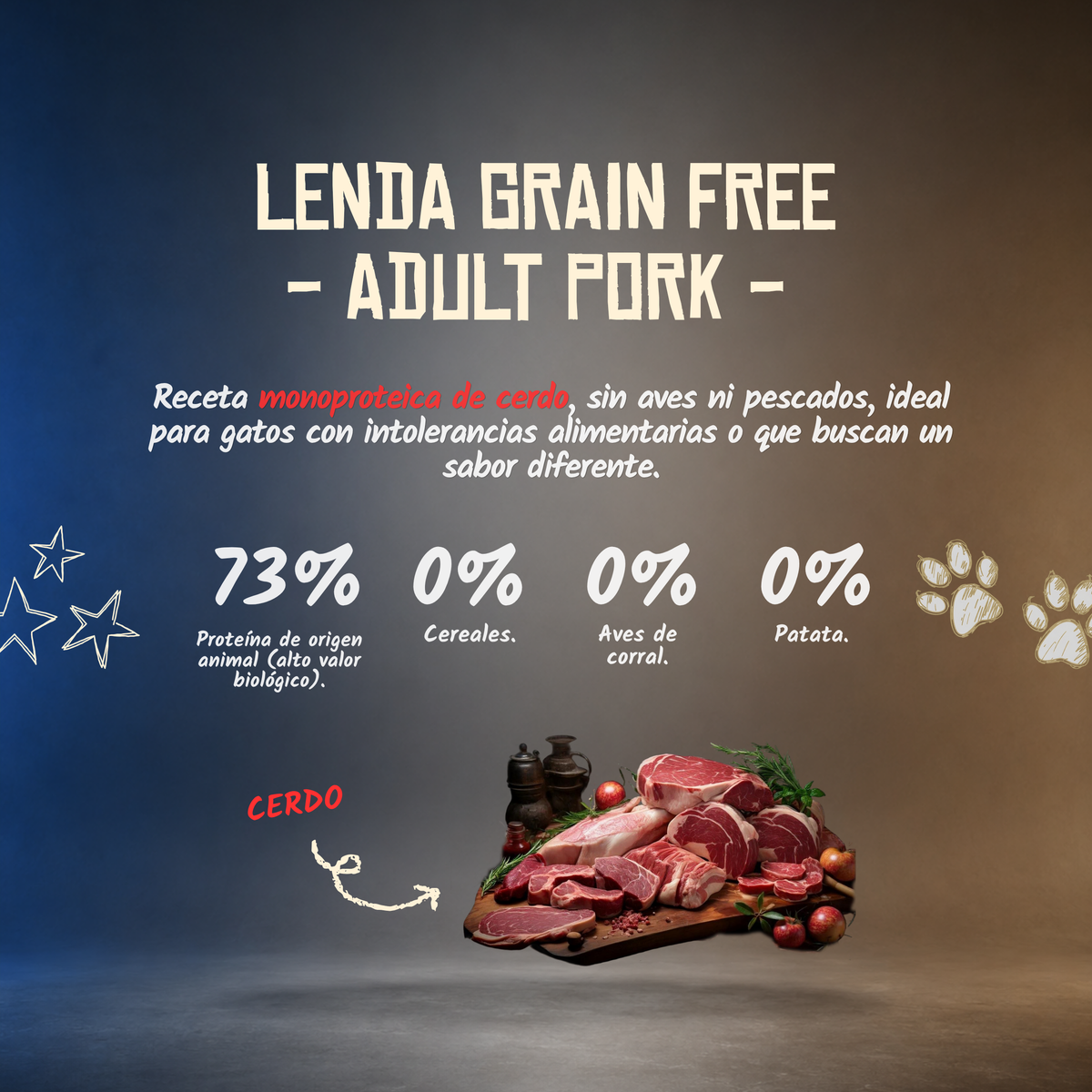 Presentación con un 73 % de proteína animal, sin cereales ni aves, EAN 8435578202297 y 8435578202303