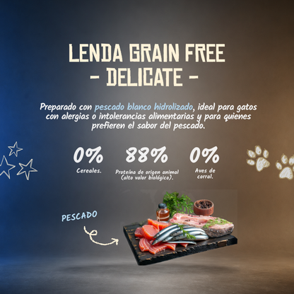 Presentación del pienso hipoalergénico Lenda Delicate para gatos, EAN 8435578202358