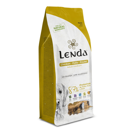 Saco de pienso para perro adulto de raza mediana. Lenda Adult Medium Pollo: Pienso natural sin gluten con 87% de proteína animal.