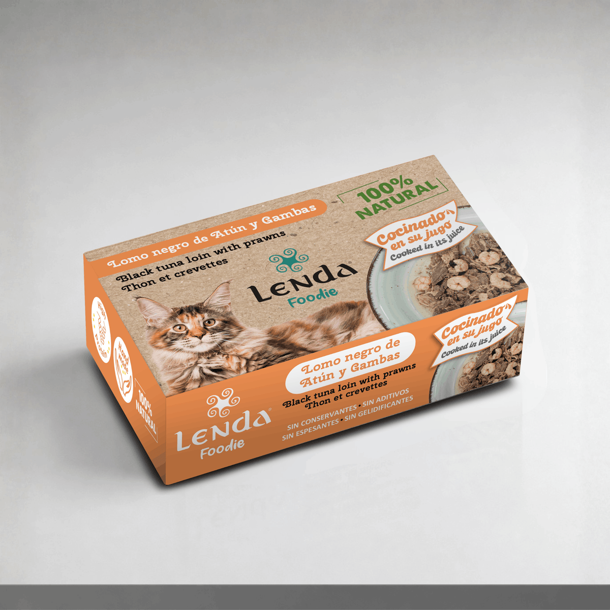 Envase de 120 g de Lenda Foodie atún con gambas para gatos, EAN 18435578290024