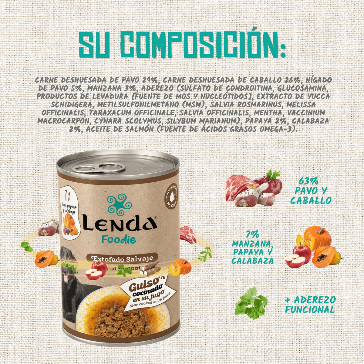 Composición oficial con carnes, higos, papaya y calabaza, EAN 18435578201235