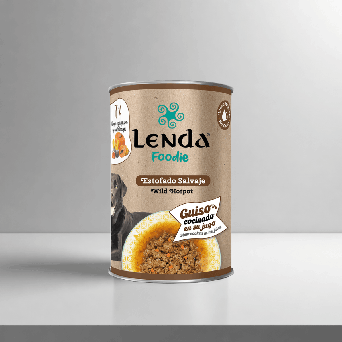 Lata de 380 g de Lenda Foodie Estofado Salvaje para perros, con pavo y caballo, EAN 18435578201235
