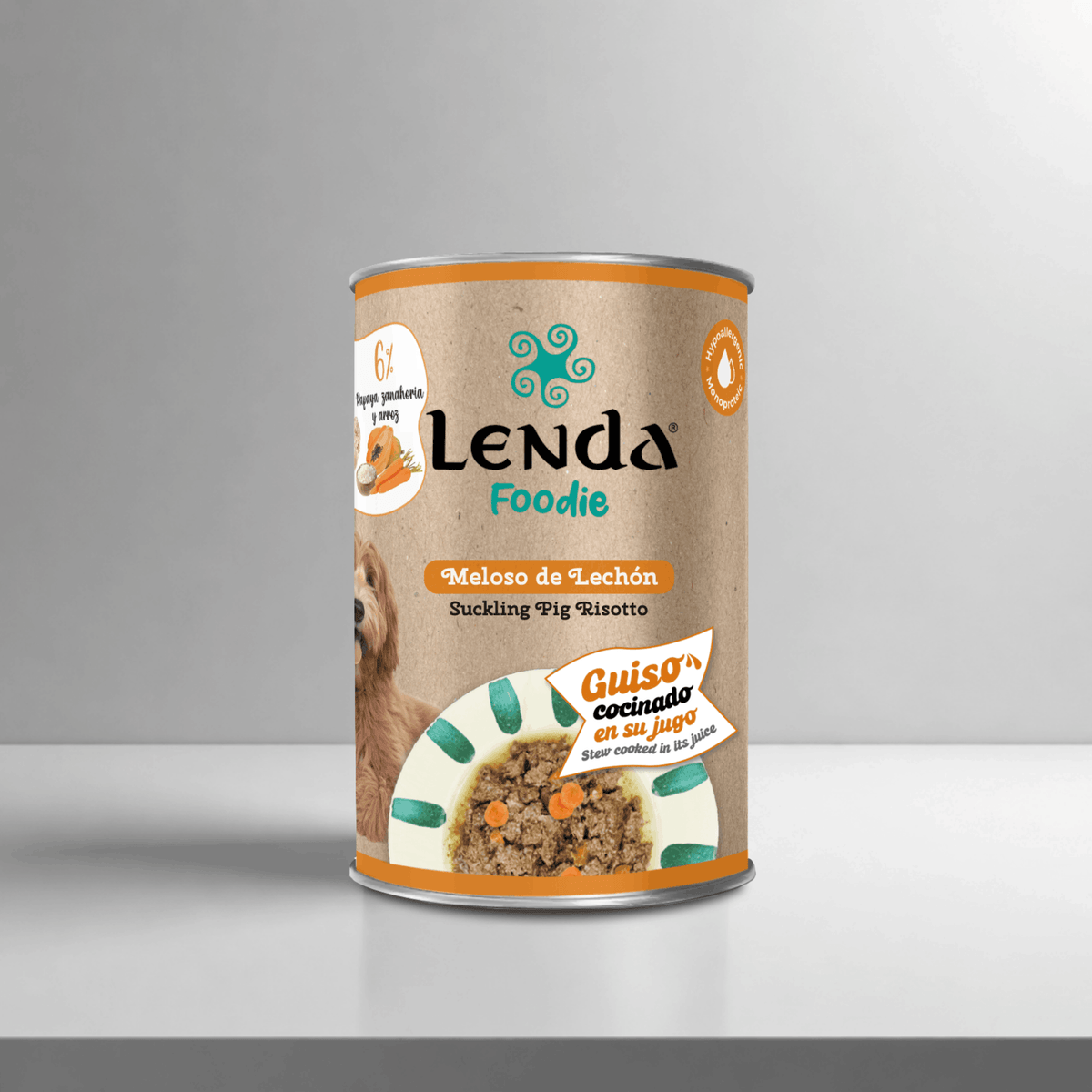 Lata de 380 g de Lenda Foodie Meloso de Lechón para perros, guiso de cochinillo, EAN 18435578201167