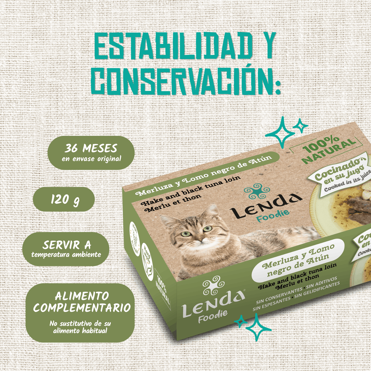 Información de conservación y formato del envase de 120 g, EAN 18435578290017