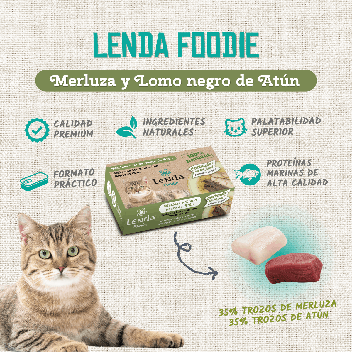Infografía oficial con trozos de merluza y lomo negro de atún, EAN 18435578290017