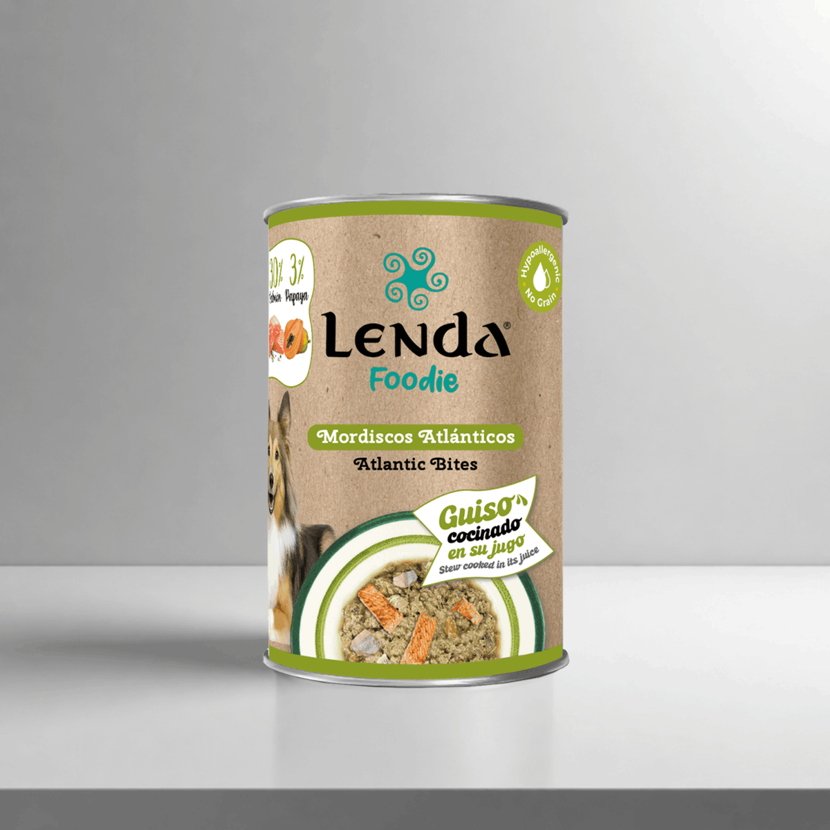Lata de 380 g de Lenda Foodie Mordiscos Atlánticos para perros, con salmón y arenque, EAN 18435578201198