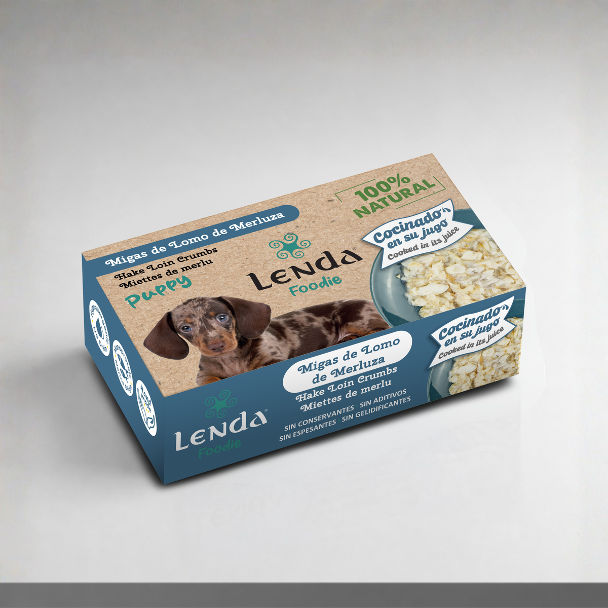 Envase de 120 g de Lenda Foodie Puppy migas de merluza para cachorros, EAN 18435578290086