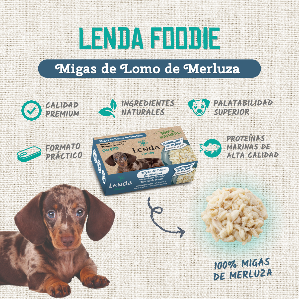 Infografía oficial de la receta Puppy de merluza, EAN 18435578290086