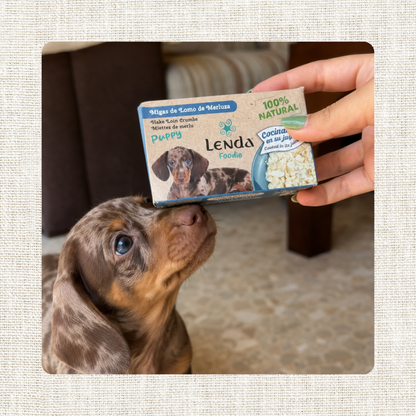 Cachorro oliendo un envase de la receta de merluza, EAN 18435578290086