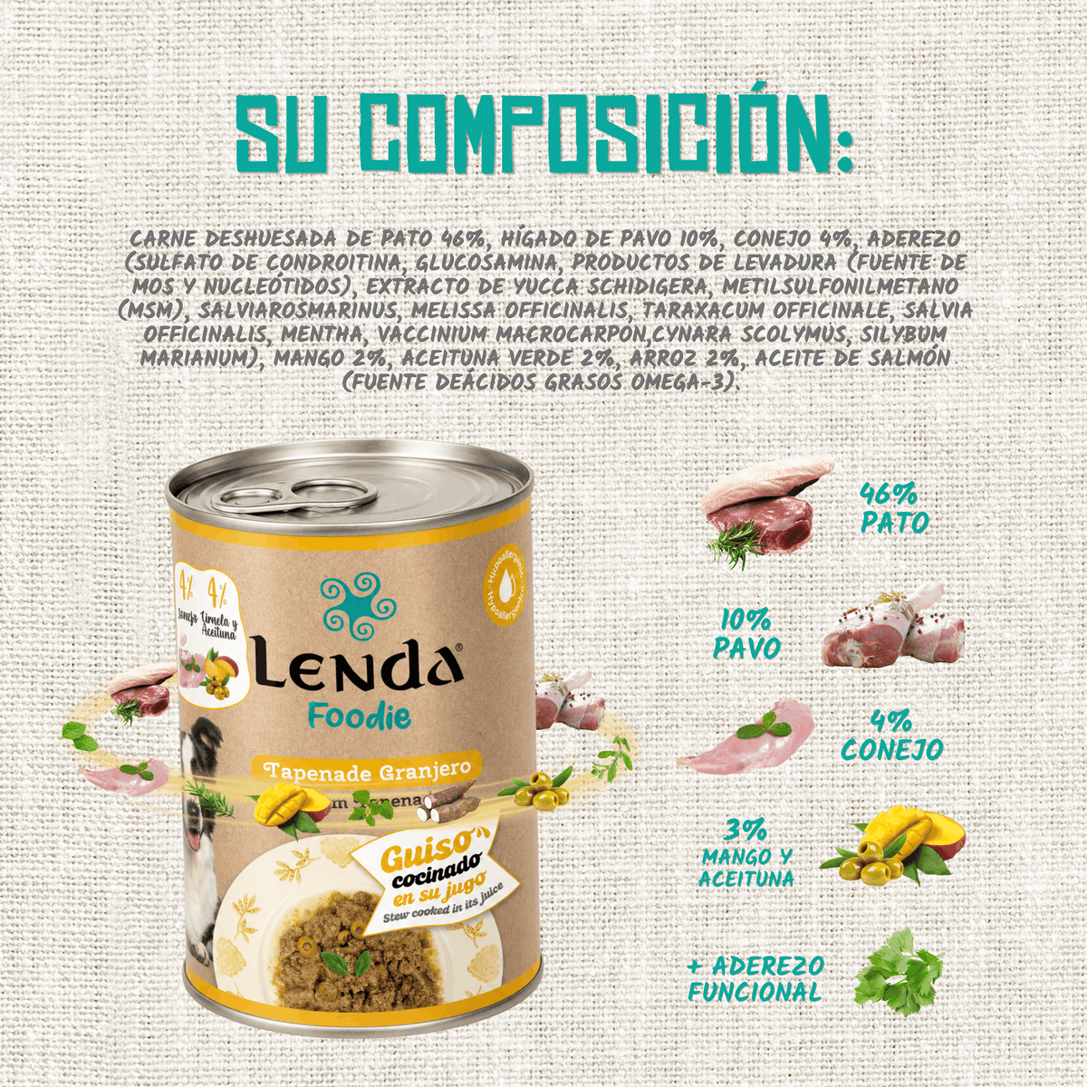 Composición oficial de la receta de pato, conejo y aceituna, EAN 18435578201228