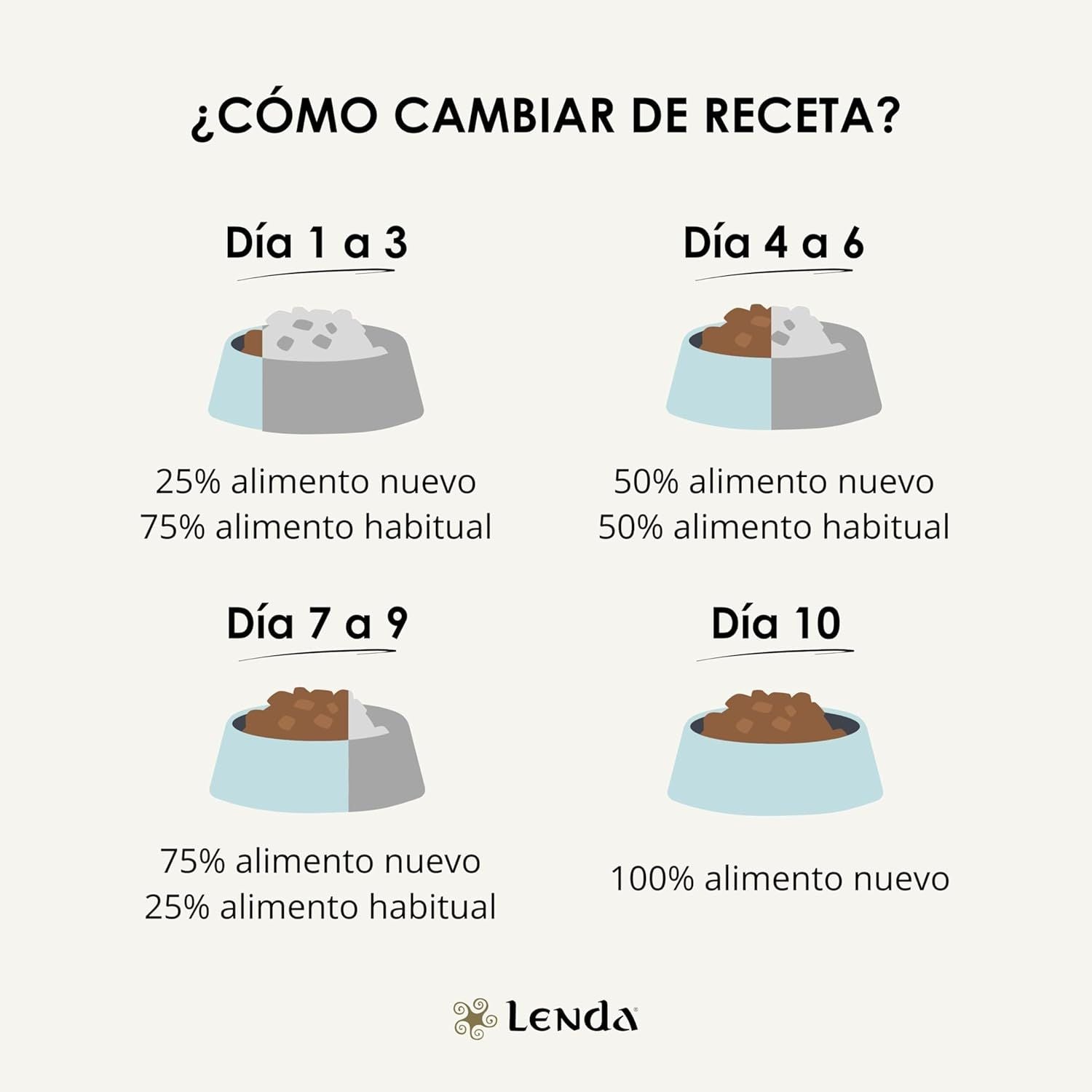 Infografía de Lenda que explica cómo cambiar de receta de pienso a Lenda Lamb Adult Medium en diez días combinando alimento habitual y nuevo
