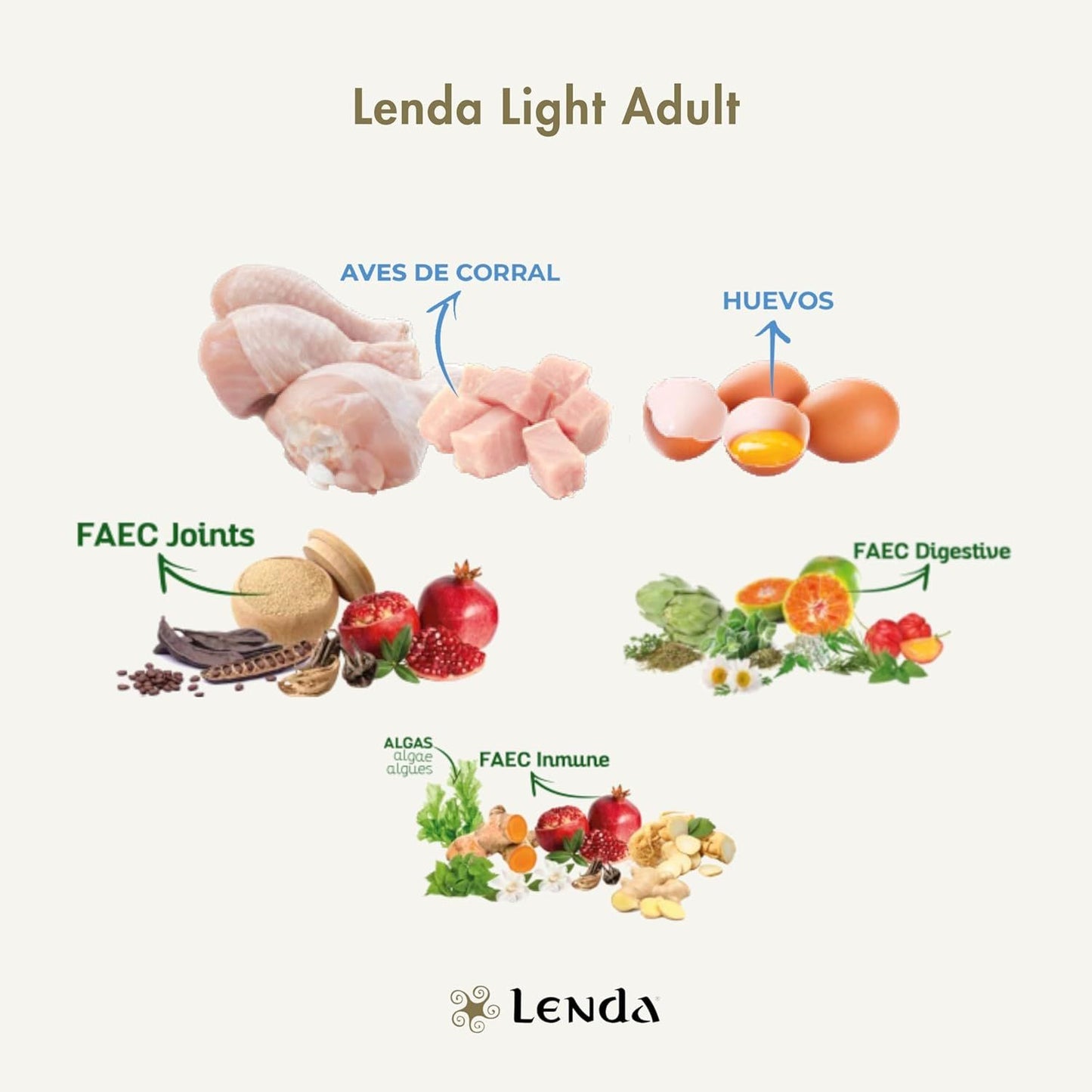 Ilustración de los ingredientes funcionales de Lenda Light Adult para perros como carnes de ave, huevos, mezclas FAEC Joints, Digestive e Immune y algas