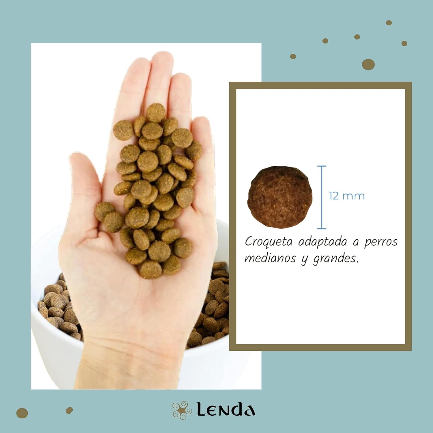 Mano sosteniendo croquetas de pienso Lenda Light & Sterilized con detalle de croqueta de 12 mm adaptada a perros medianos y grandes