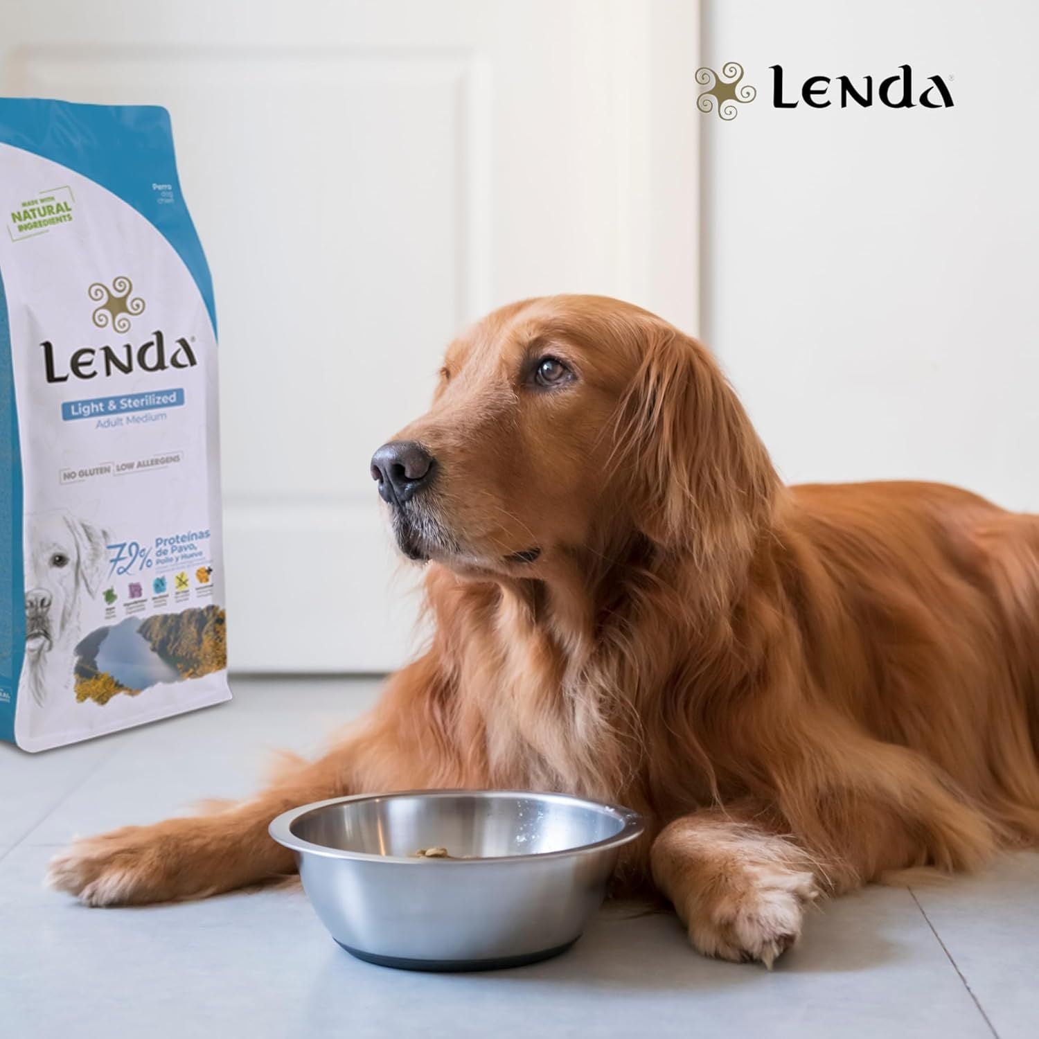 Perro adulto tumbado junto a su comedero de pienso con un saco Lenda Light & Sterilized Adult Medium al fondo