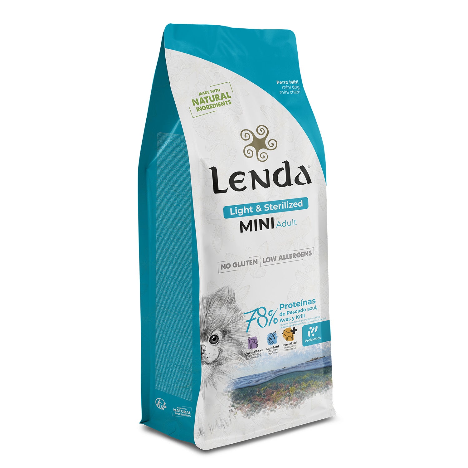 Saco de pienso Lenda Mini Light & Sterilized: alimento bajo en grasa para perros pequeños con sobrepeso o esterilizados.