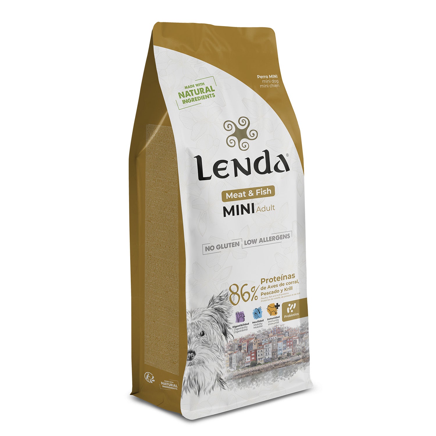 Saco de pienso hipoalergénico Lenda Mini Meat & Fish para perros pequeños, con pato, pavo, pescado y krill.