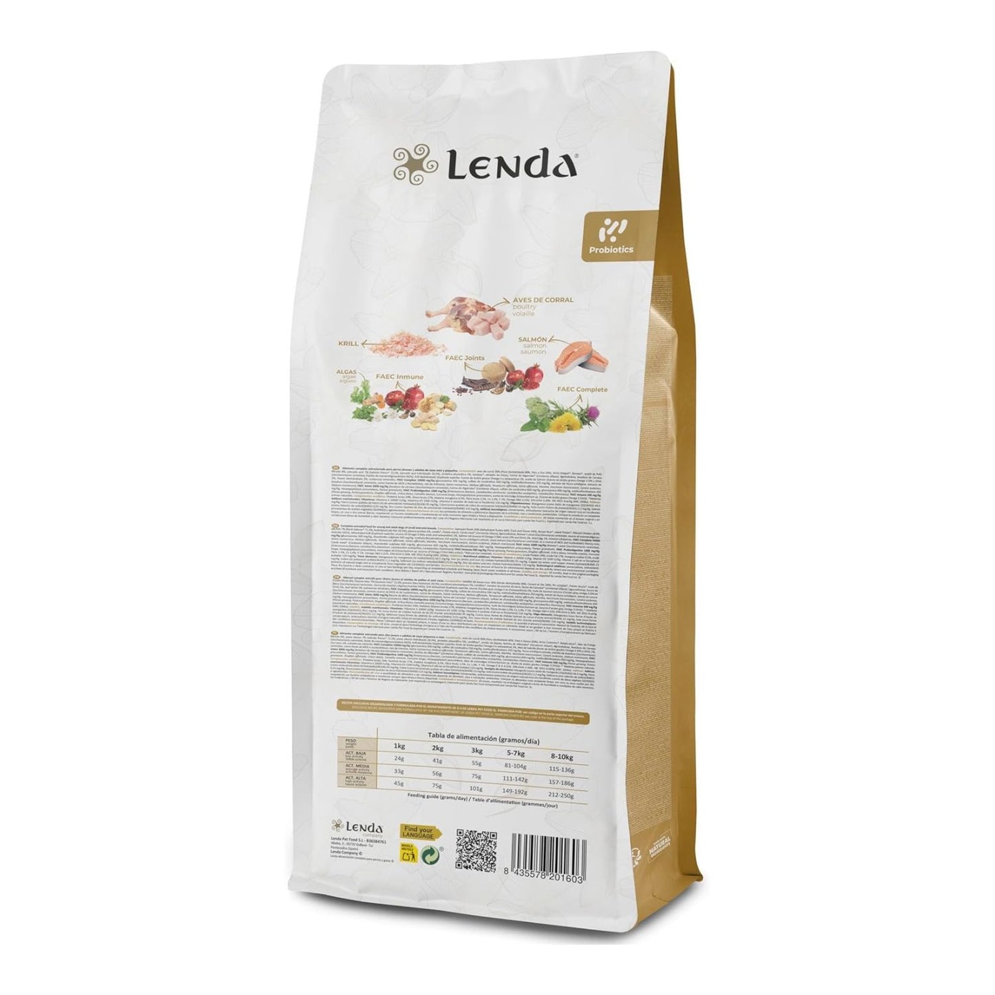 Parte trasera del saco de pienso Lenda Mini Meat and Fish con composición e información nutricional
