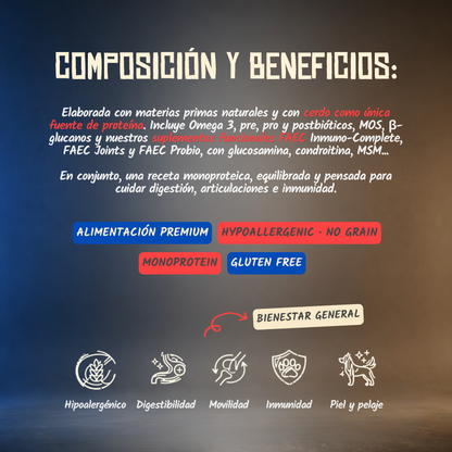Composición y beneficios del pienso monoproteico Lenda de cerdo para perros, EAN 8435578202136 y 8435578202143